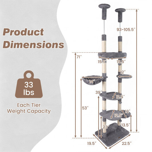 6-tier Floor to Ceiling Cat Tree with Plush Bed and Sisal Scratching Posts-Gray W2B