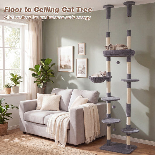 6-tier Floor to Ceiling Cat Tree with Plush Bed and Sisal Scratching Posts-Gray W2B