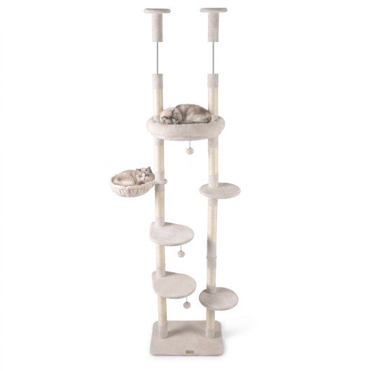 6-tier Floor to Ceiling Cat Tree with Plush Bed and Sisal Scratching Posts-Gray W2B