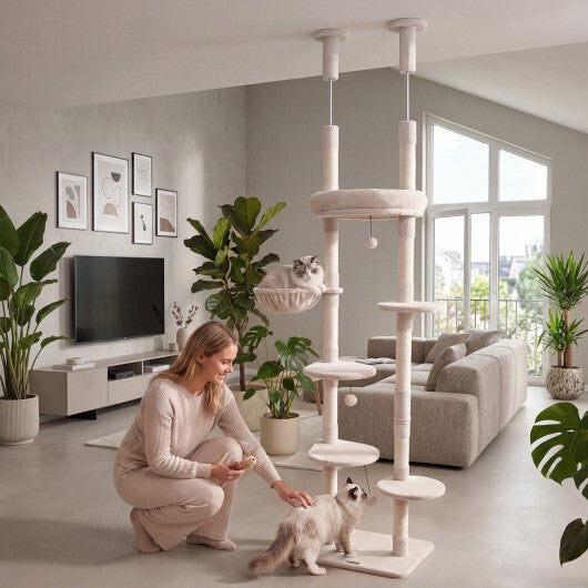 6-tier Floor to Ceiling Cat Tree with Plush Bed and Sisal Scratching Posts-Gray W2B