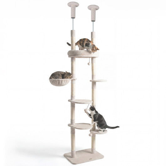 6-tier Floor to Ceiling Cat Tree with Plush Bed and Sisal Scratching Posts-Gray W2B