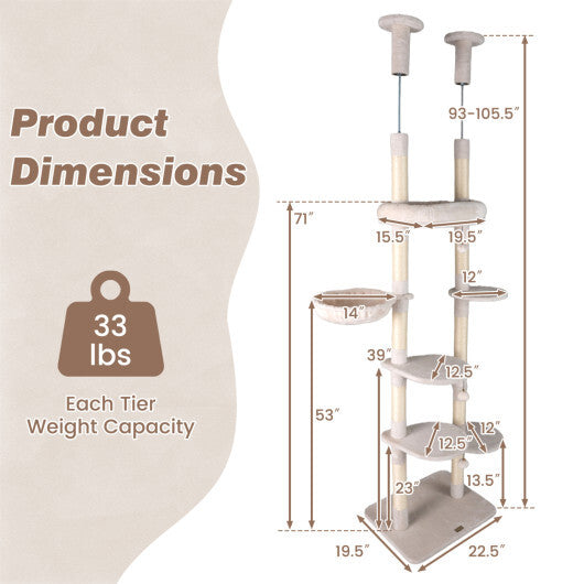 6-tier Floor to Ceiling Cat Tree with Plush Bed and Sisal Scratching Posts-Gray W2B