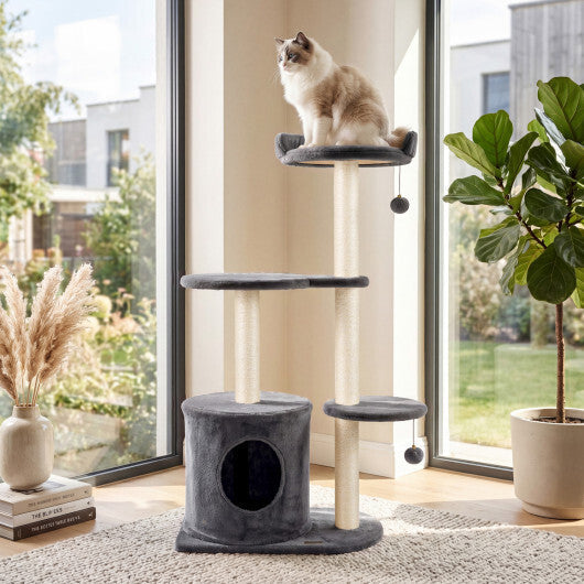 43" Cat Tree for Indoor Cats with Comfy Plush Perches and Sisal Scratching Posts-Gray W2B