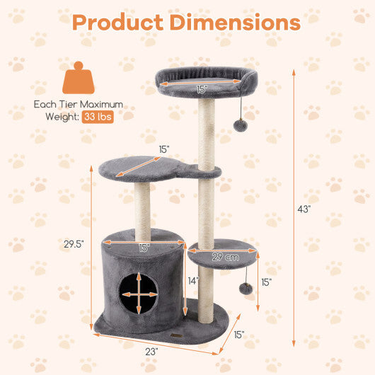 43" Cat Tree for Indoor Cats with Comfy Plush Perches and Sisal Scratching Posts-Gray W2B
