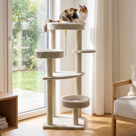 51"Carpeted Cat Tree with Comfy Plush Perches for Indoor Cats-Beige W2B