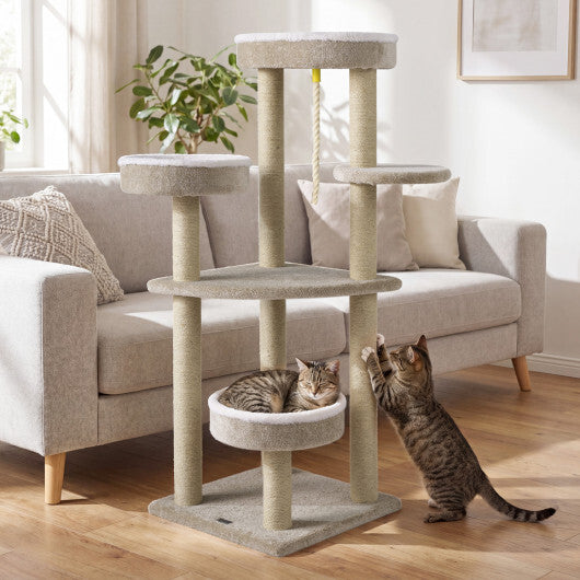 51"Carpeted Cat Tree with Comfy Plush Perches for Indoor Cats-Beige W2B