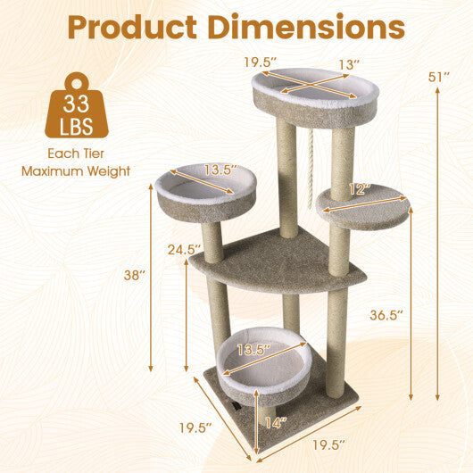 51"Carpeted Cat Tree with Comfy Plush Perches for Indoor Cats-Beige W2B