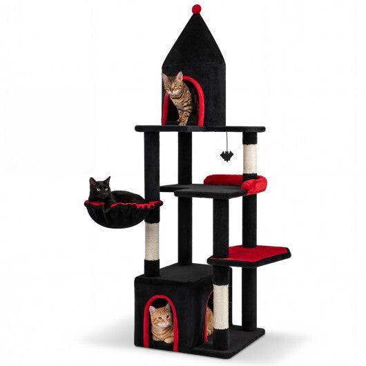 63 Inch Gothic Cat Tree with Condo and Top Cave for Large Cats 20+ LBS-Black W2B