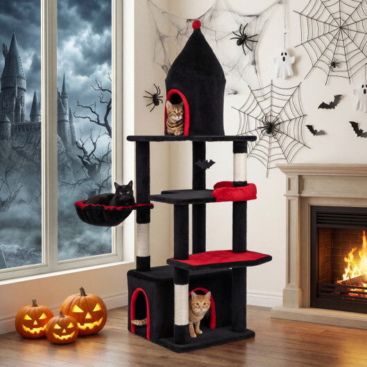 63 Inch Gothic Cat Tree with Condo and Top Cave for Large Cats 20+ LBS-Black W2B
