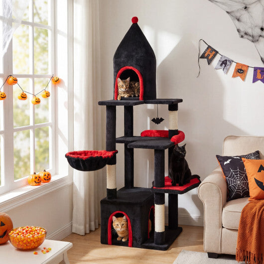 63 Inch Gothic Cat Tree with Condo and Top Cave for Large Cats 20+ LBS-Black W2B