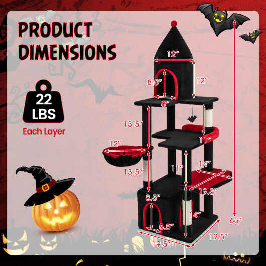 63 Inch Gothic Cat Tree with Condo and Top Cave for Large Cats 20+ LBS-Black W2B