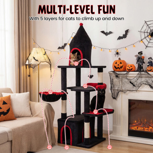 63 Inch Gothic Cat Tree with Condo and Top Cave for Large Cats 20+ LBS-Black W2B