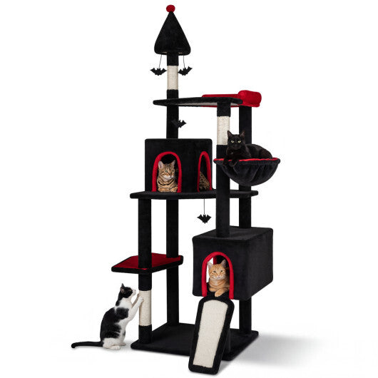 75 Inch Gothic Cat Tree with 2 Condos and Top Perch for Large Cats 20+ LBS-Black W2B