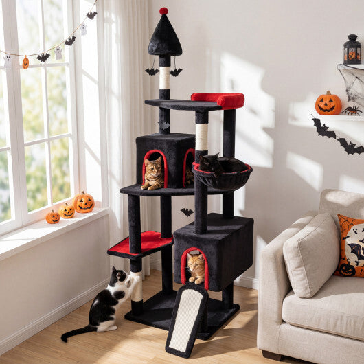 75 Inch Gothic Cat Tree with 2 Condos and Top Perch for Large Cats 20+ LBS-Black W2B