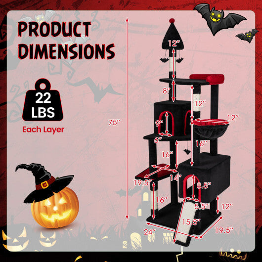 75 Inch Gothic Cat Tree with 2 Condos and Top Perch for Large Cats 20+ LBS-Black W2B
