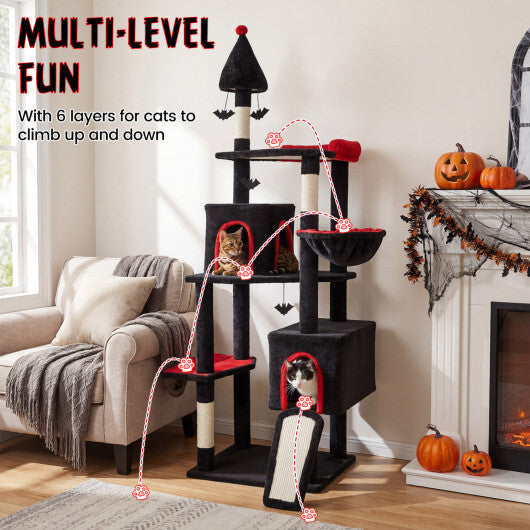 75 Inch Gothic Cat Tree with 2 Condos and Top Perch for Large Cats 20+ LBS-Black W2B