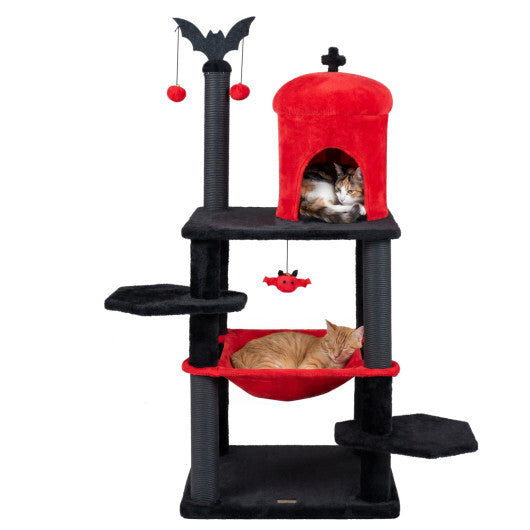 51" Gothic Multi-level Cat Tree with Spider Hanging Toy for Black Halloween-Red W2B
