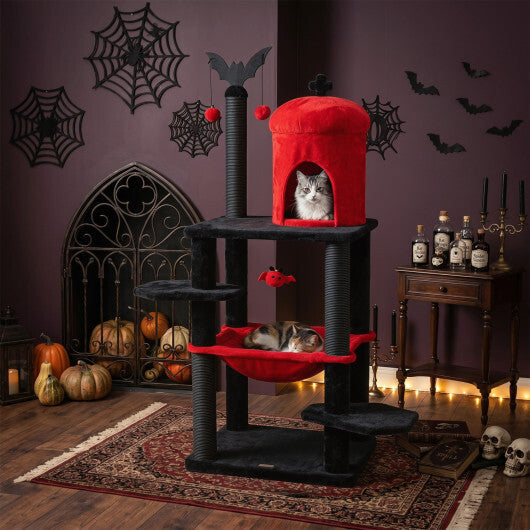 51" Gothic Multi-level Cat Tree with Spider Hanging Toy for Black Halloween-Red W2B