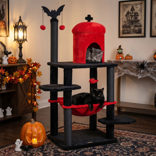 51" Gothic Multi-level Cat Tree with Spider Hanging Toy for Black Halloween-Red W2B