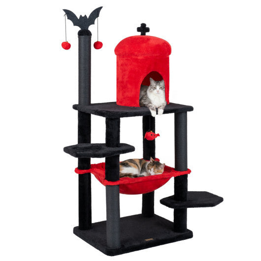 51" Gothic Multi-level Cat Tree with Spider Hanging Toy for Black Halloween-Red W2B