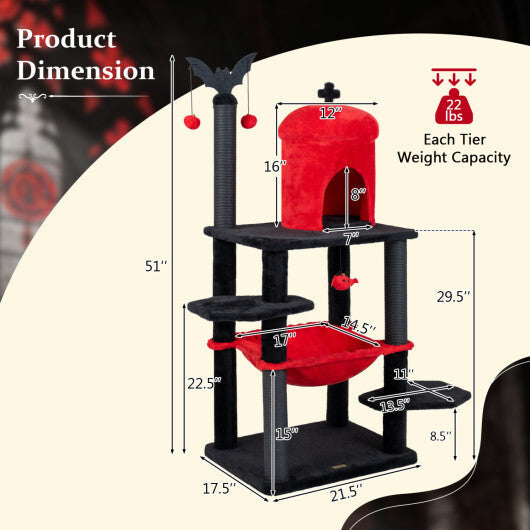 51" Gothic Multi-level Cat Tree with Spider Hanging Toy for Black Halloween-Red W2B