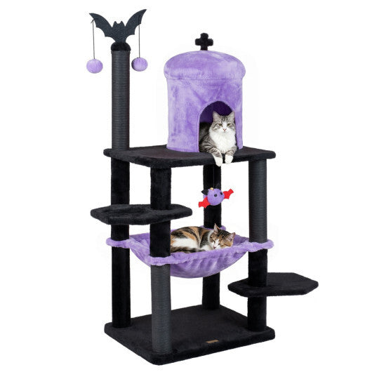 51" Gothic Multi-level Cat Tree with Spider Hanging Toy for Black Halloween-Red W2B