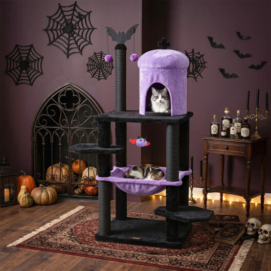 51" Gothic Multi-level Cat Tree with Spider Hanging Toy for Black Halloween-Red W2B