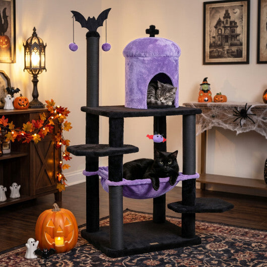 51" Gothic Multi-level Cat Tree with Spider Hanging Toy for Black Halloween-Red W2B
