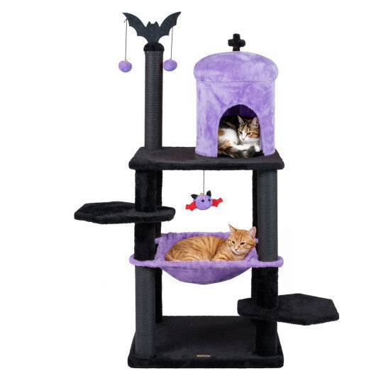 51" Gothic Multi-level Cat Tree with Spider Hanging Toy for Black Halloween-Red W2B
