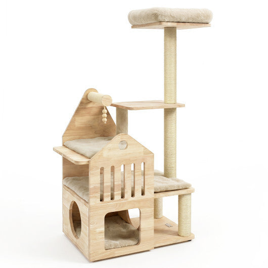 48.5" Multi-Level Solid Wood Cat Tree for Indoor Cats with Padded Top Perch Cat Condo and Sisal Scratching Posts-Gray W2B