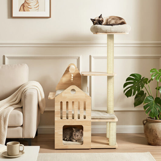 48.5" Multi-Level Solid Wood Cat Tree for Indoor Cats with Padded Top Perch Cat Condo and Sisal Scratching Posts-Gray W2B