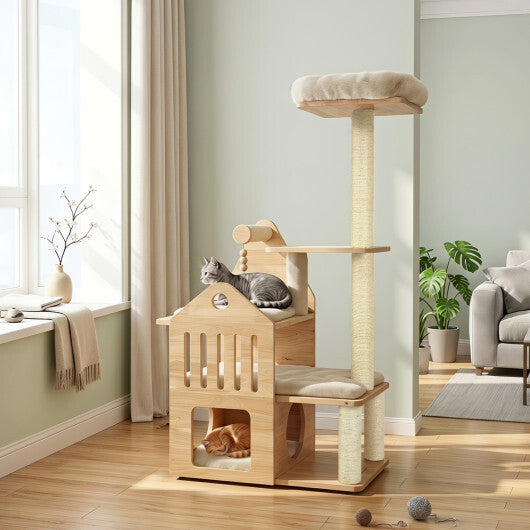 48.5" Multi-Level Solid Wood Cat Tree for Indoor Cats with Padded Top Perch Cat Condo and Sisal Scratching Posts-Gray W2B