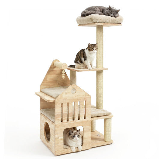 48.5" Multi-Level Solid Wood Cat Tree for Indoor Cats with Padded Top Perch Cat Condo and Sisal Scratching Posts-Gray W2B