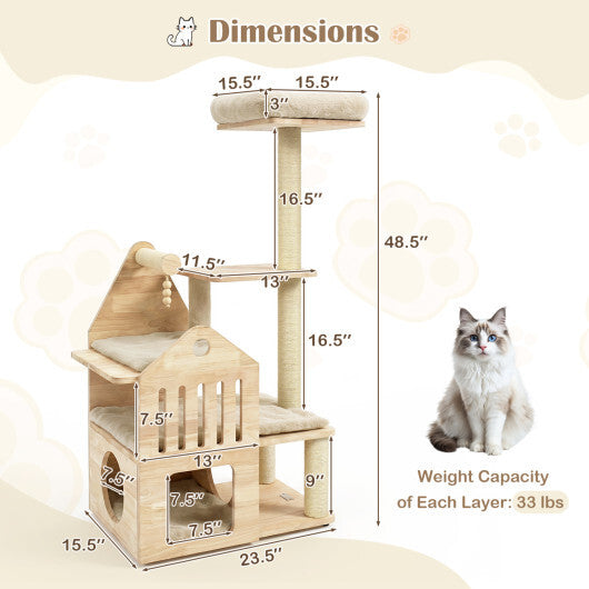 48.5" Multi-Level Solid Wood Cat Tree for Indoor Cats with Padded Top Perch Cat Condo and Sisal Scratching Posts-Gray W2B
