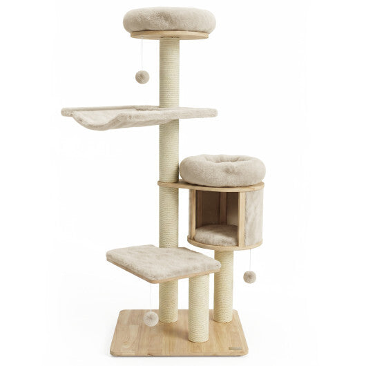 55" Solid Rubber Wood Cat Tree with Condo & Hammock and Scratching Posts for Adult Cats-Beige W2B