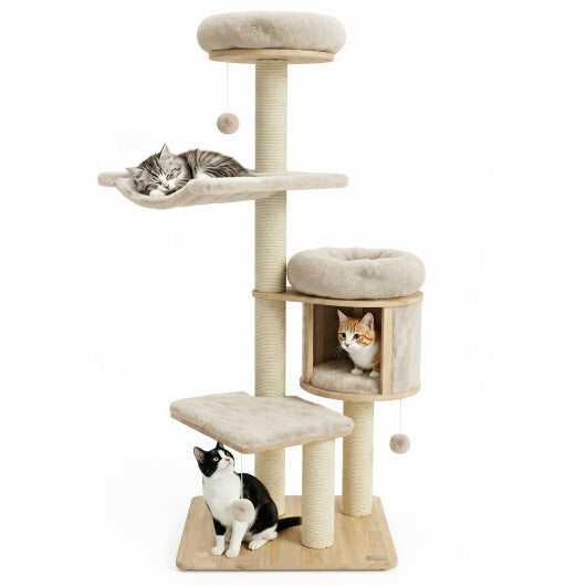 55" Solid Rubber Wood Cat Tree with Condo & Hammock and Scratching Posts for Adult Cats-Beige W2B