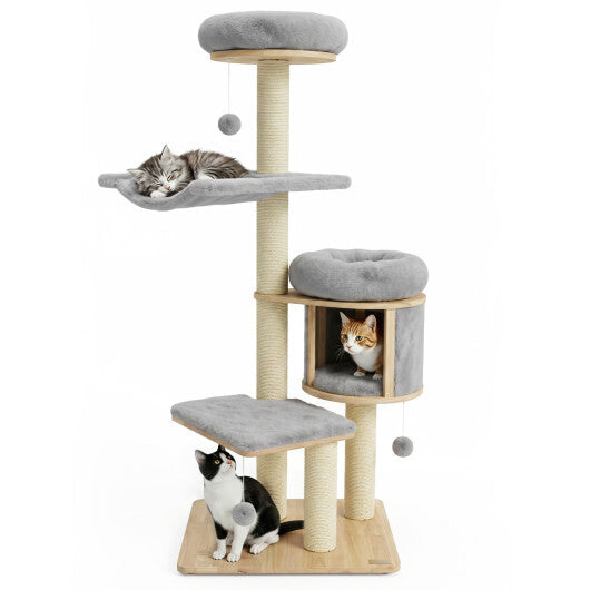 55" Solid Rubber Wood Cat Tree with Condo & Hammock and Scratching Posts for Adult Cats-Beige W2B