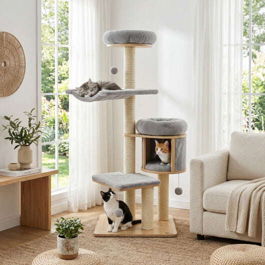 55" Solid Rubber Wood Cat Tree with Condo & Hammock and Scratching Posts for Adult Cats-Beige W2B