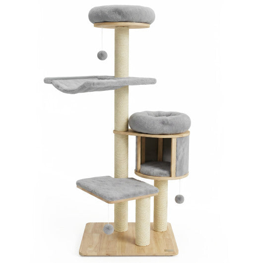 55" Solid Rubber Wood Cat Tree with Condo & Hammock and Scratching Posts for Adult Cats-Beige W2B
