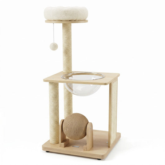 40" Solid Wood Cat Tree with Space Capsule & Sisal Posts and Scratching Board-Natural W2B