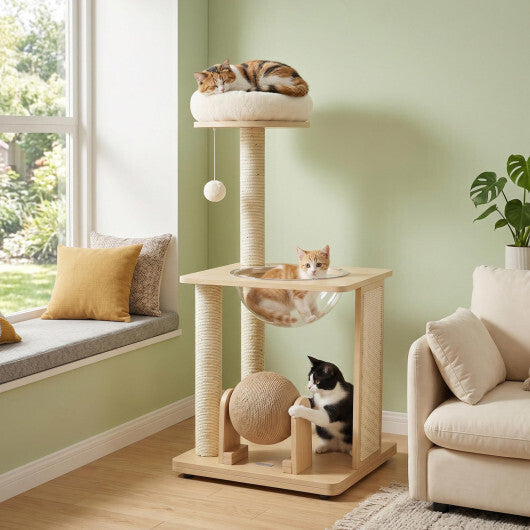 40" Solid Wood Cat Tree with Space Capsule & Sisal Posts and Scratching Board-Natural W2B