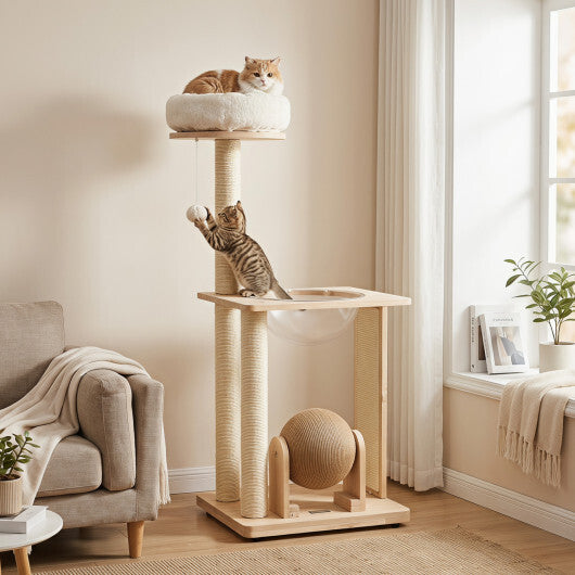 40" Solid Wood Cat Tree with Space Capsule & Sisal Posts and Scratching Board-Natural W2B