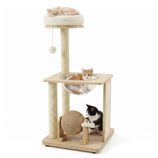 40" Solid Wood Cat Tree with Space Capsule & Sisal Posts and Scratching Board-Natural W2B
