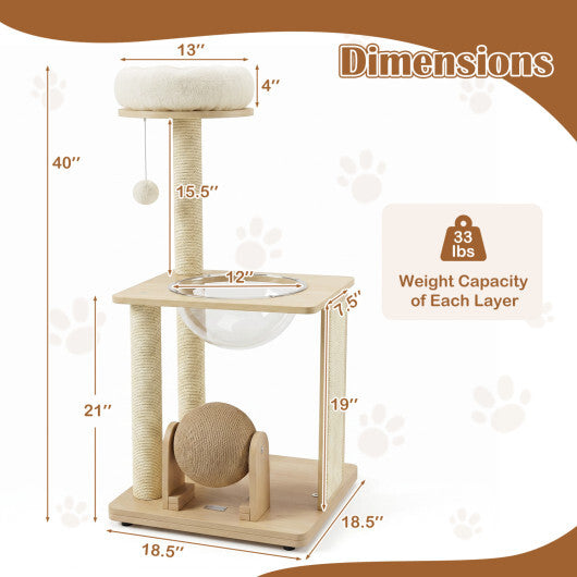 40" Solid Wood Cat Tree with Space Capsule & Sisal Posts and Scratching Board-Natural W2B