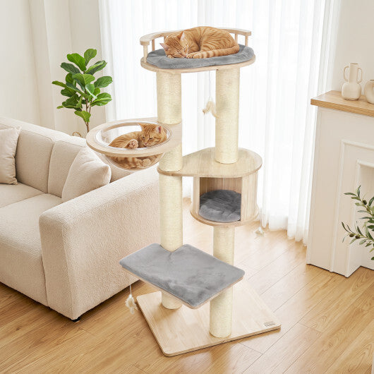 Cat Tree for Indoor Kittens  with Top Perch Condo Space and 3 Hanging Feather Toys-Gray W2B