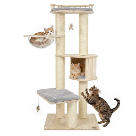 Cat Tree for Indoor Kittens  with Top Perch Condo Space and 3 Hanging Feather Toys-Gray W2B