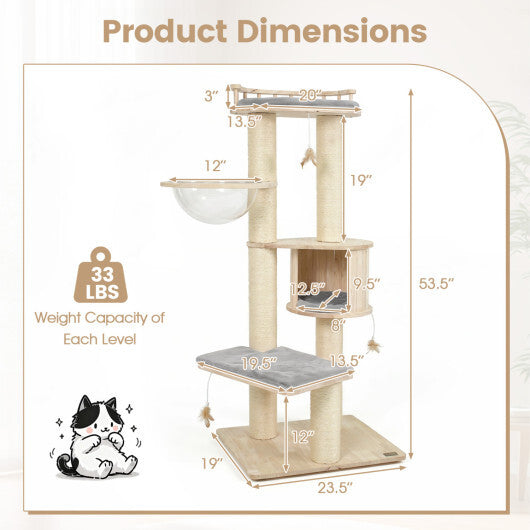 Cat Tree for Indoor Kittens  with Top Perch Condo Space and 3 Hanging Feather Toys-Gray W2B