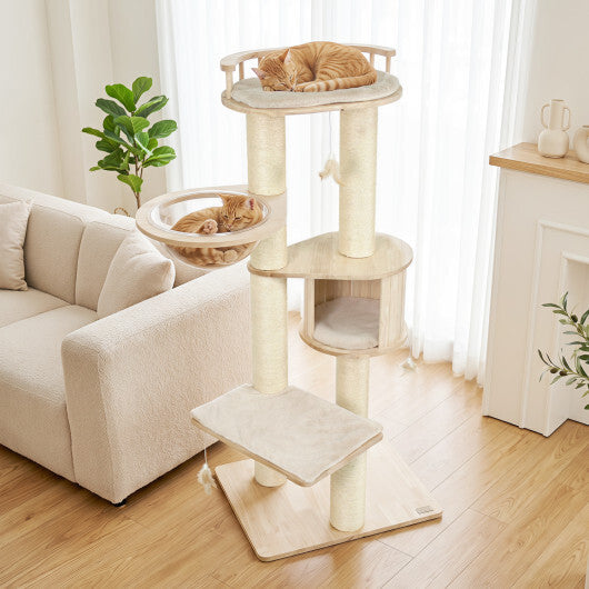 Cat Tree for Indoor Kittens  with Top Perch Condo Space and 3 Hanging Feather Toys-Gray W2B