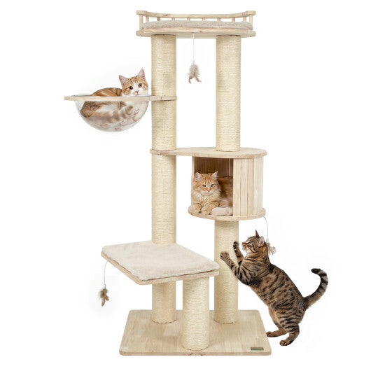 Cat Tree for Indoor Kittens  with Top Perch Condo Space and 3 Hanging Feather Toys-Gray W2B