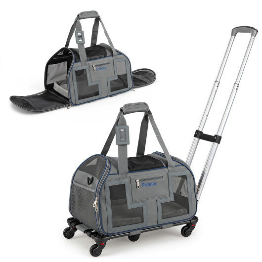 Rolling Pet Carrier with Wheels & Telescopic Handle and Mesh Windows for Pets-Blue W2B